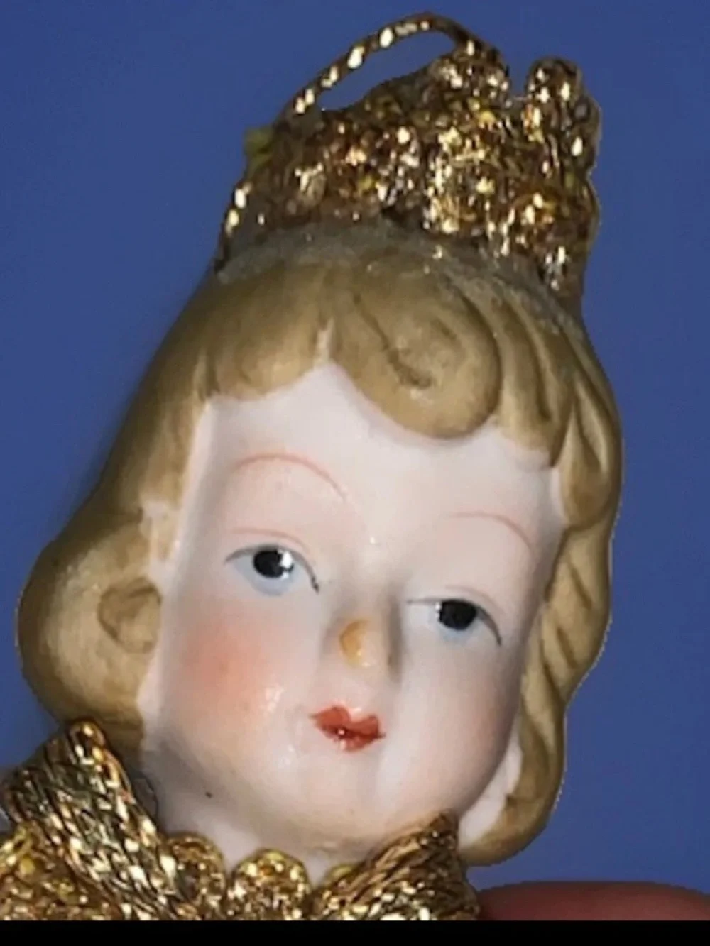 1980s Vintage Gold Angel Christmas Tree Ornament Porcelain Head
